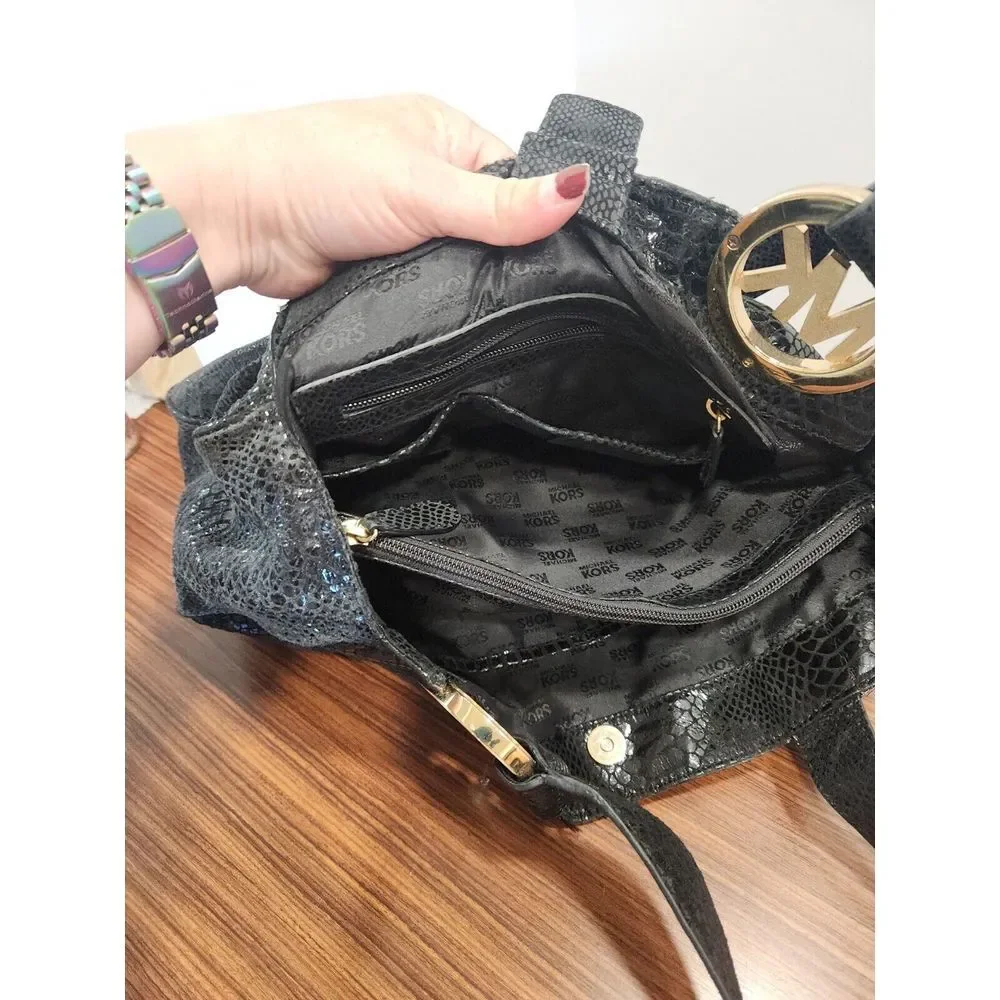 Michael Kors Medium Printed Snakeskin Leather Bag‎ Black